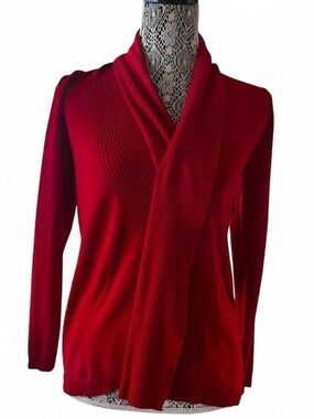 Red Open-Front Ribbed Shawl Collar Cardigan Sweater